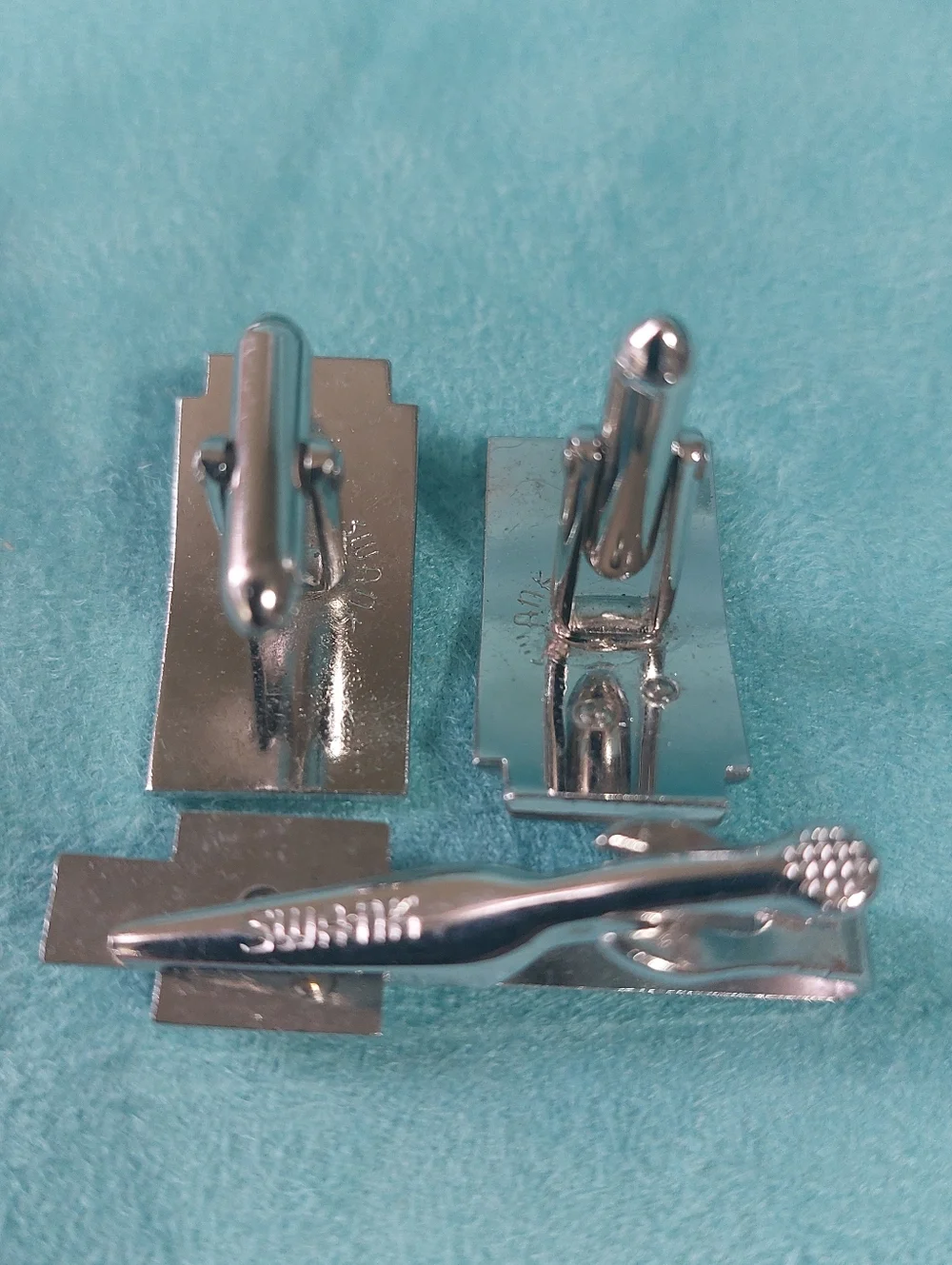 Swank Brushed Silvertone & Goldtone S Initial Cufflinks & Tie Clip Set, Vintage